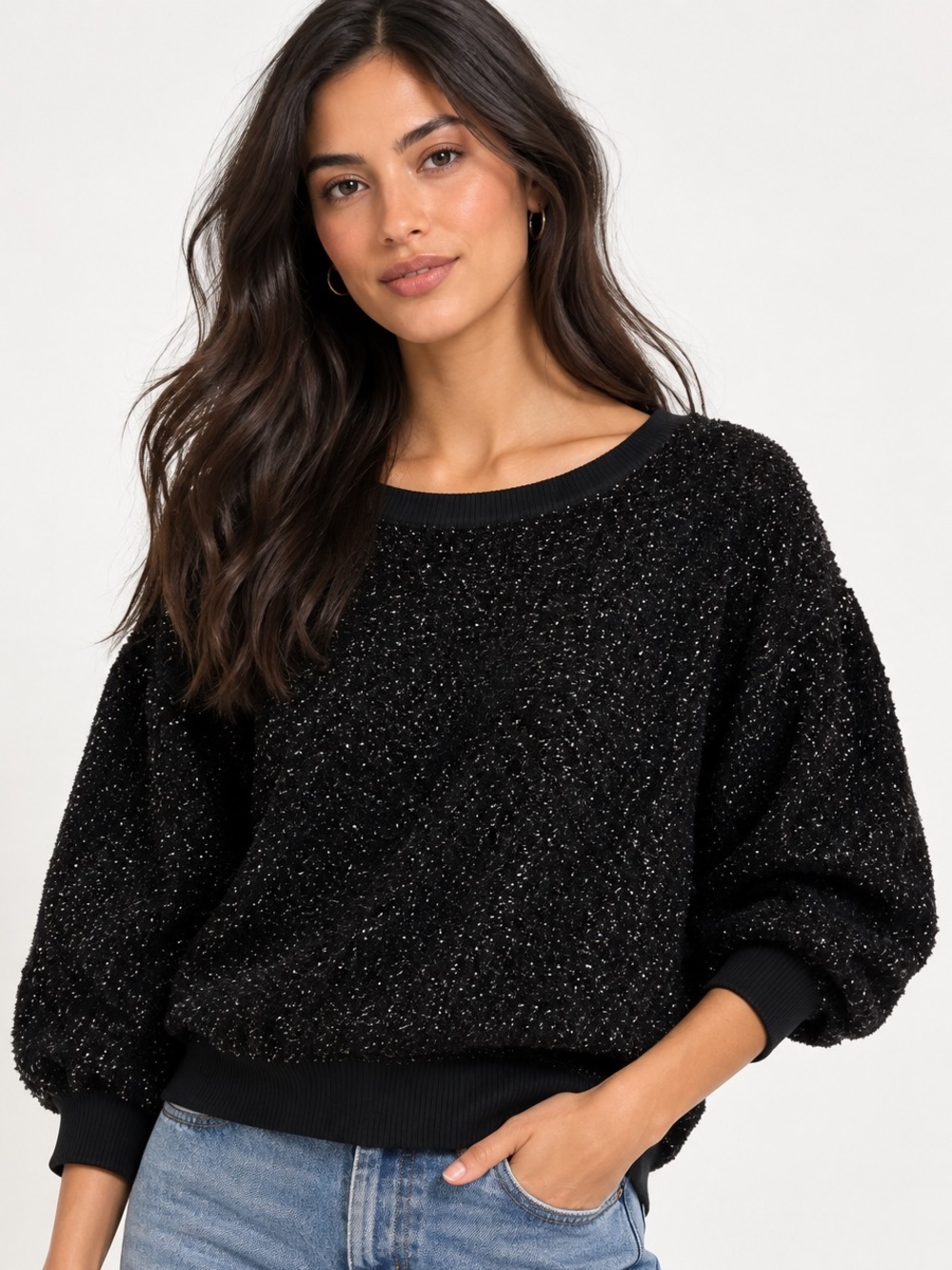 Anthropologie Maeve NWOT Pamela Tinsel Shimmer Sweater Black Size S